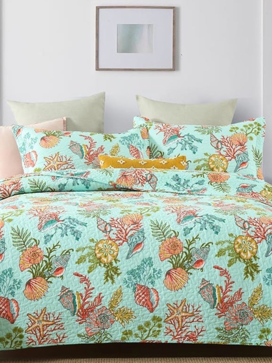 Autumn dream Other - Aqua Seashell & Coral Quilt Set - Coastal Floral Bedding cotton fabric